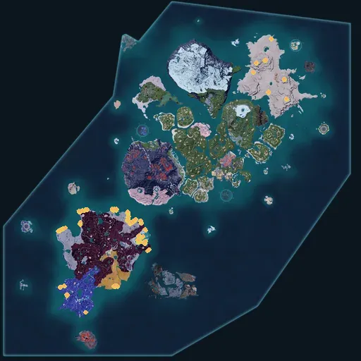 Distribution map of Nightstar Sand across Palworld